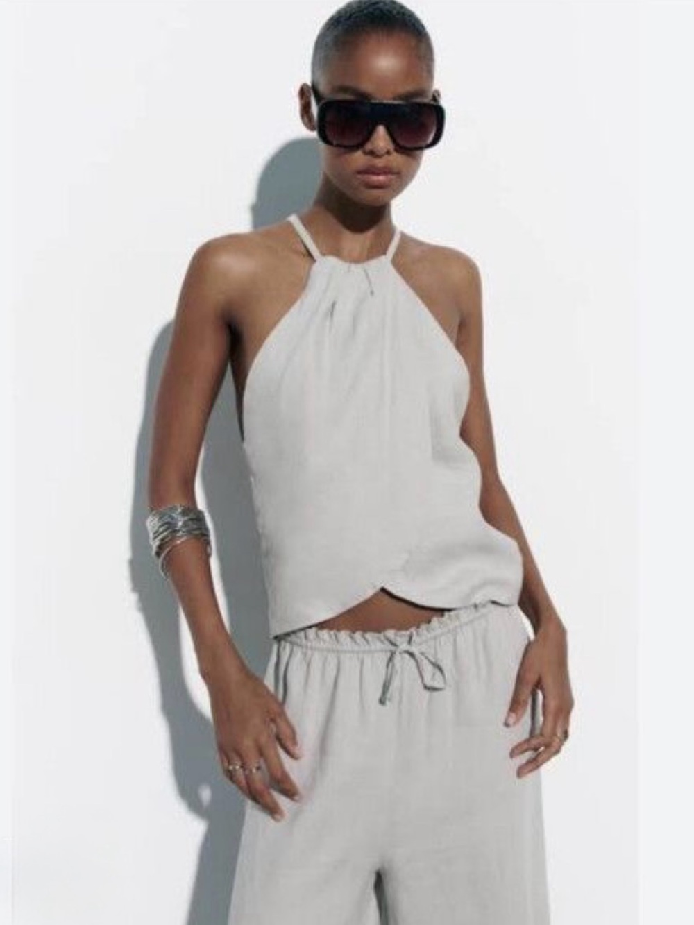 Zara Sleeveless Tie-Back 100% Linen Tank Top Size Small Grey